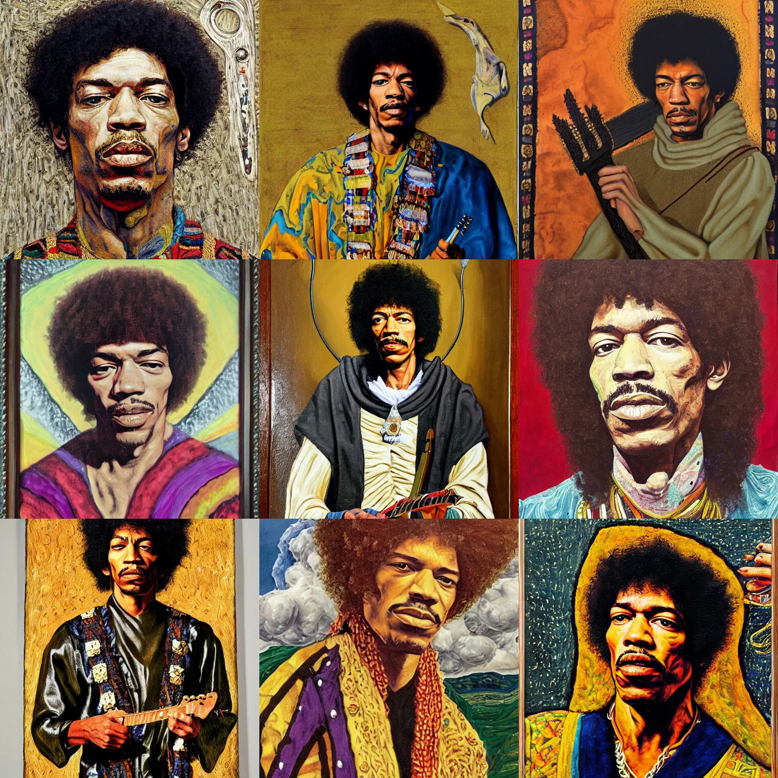 Prompt: a portrait painting of jimi hendrix as a medieval saint, in the style of lucian freud
