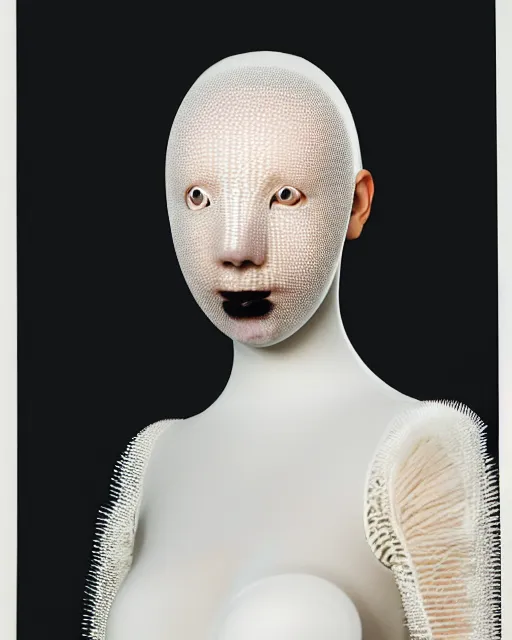 Image similar to portrait of a woman wearing a white embroidered translucent silicone mask and white frizzy hair buns, wearing a black bodysuit by alexander mcqueen, cream white background, soft diffused light, biotechnology, humanoide robot, bjork aesthetic, translucent, by rineke dijkstra, intricate details, highly detailed, masterpiece,