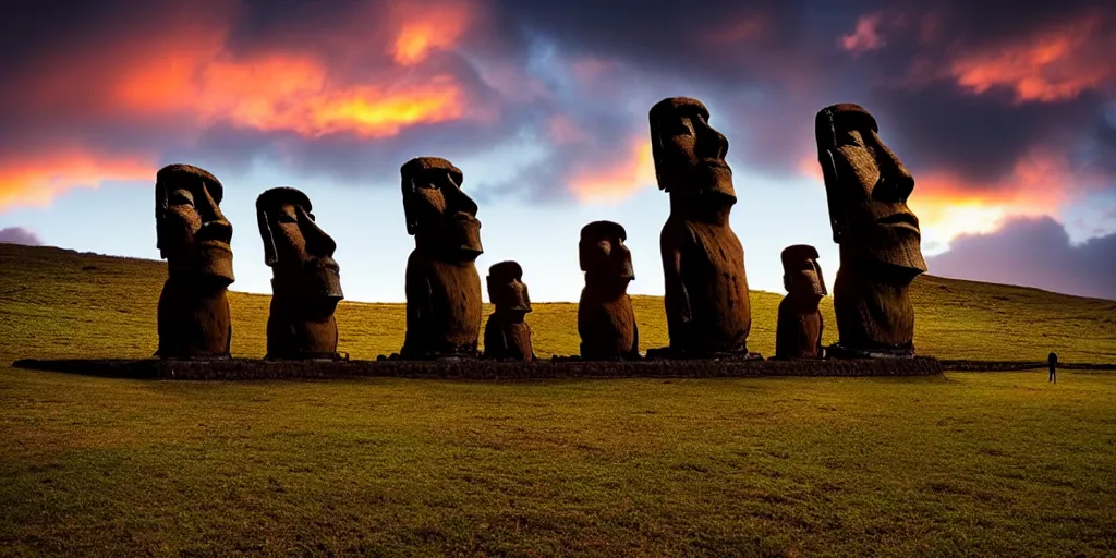 Prompt: amazing landscape photo of astronaut standing still in front of easter island statues at dusk by Marc Adamus beautiful dramatic lighting