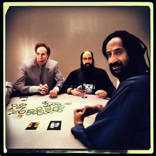 Image similar to “80’s Polaroid flash photo, Saul Goodman and Osama Bin Laden playing poker”