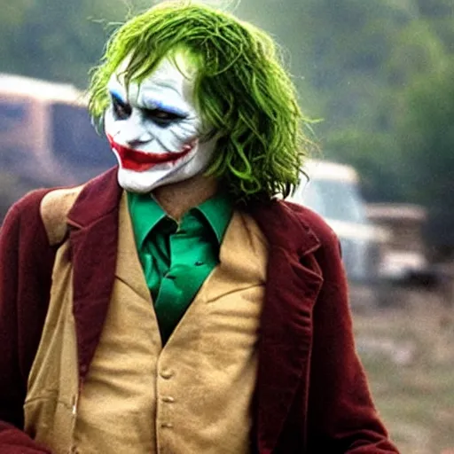 Image similar to photograph of the joker smoking a joint at woodstock, close - up shot, circa 1 9 6 9