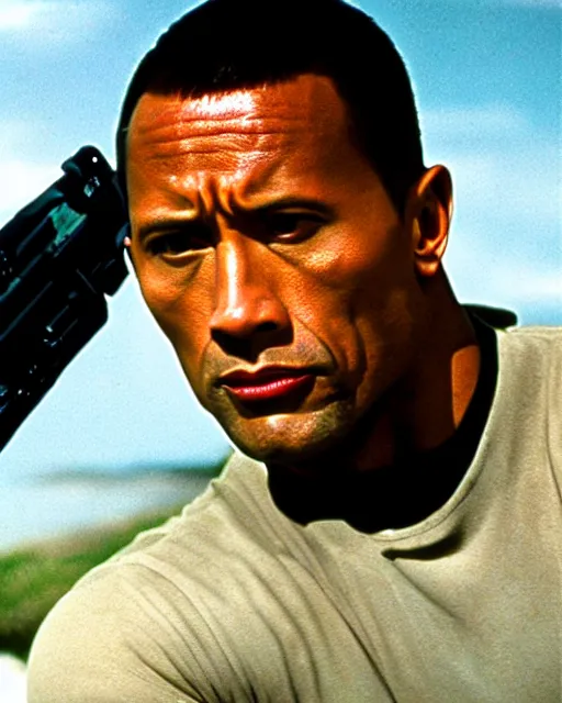 Image similar to Film still close-up shot of Dwayne Johnson as James Bond from the movie Goldeneye. Photographic, photography