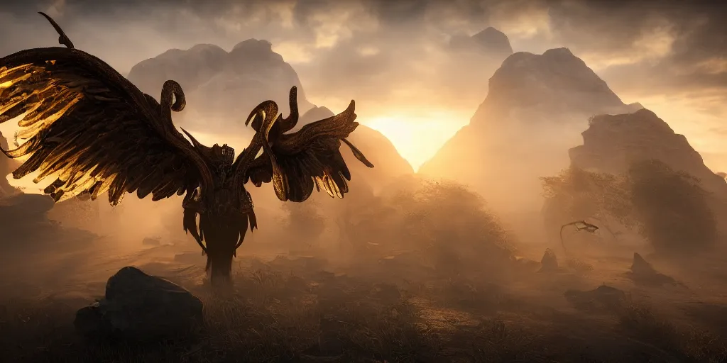 Image similar to bird wings, gold ram horns, copper goat skulls, grand imposing powerful sculpture. swirls of mist. sunrise, intense light beams, lens flare. occult photorealism, uhd, amazing depth, volumetric lighting, cinematic lighting. epic landscape.