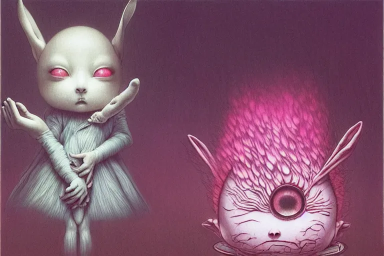 Image similar to Keeping you sane, And you fade away just enough, You felt the edge again, You took two pills And you fell asleep, Hugging six rabbits And having pink nightmares, concept art, trade on artstation, sharp focus, psychedelic, by Yoshitaka Amano, Mark Ryden, Zdzisław Beksiński, Extremely high detail, realistic, fantasy art, masterpiece, Hyperrealism. Subsurface scattering. Octane Render. Weirdcore