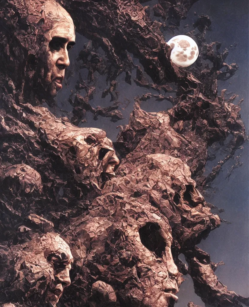 Image similar to moon made from thousands corpses of Nicolas Cage, highly detailed, artstation, art by (((Szukalski))), wayne barlowe, phil hale