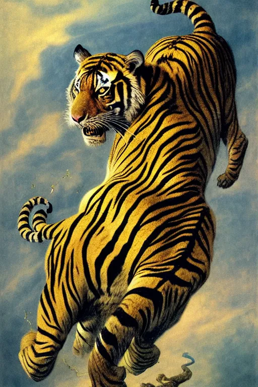 Image similar to turbulent tiger with gold and blue stripes in the style of wayne barlowe, gustav moreau, goward, bussiere, roberto ferri, santiago caruso, luis ricardo falero, austin osman spare