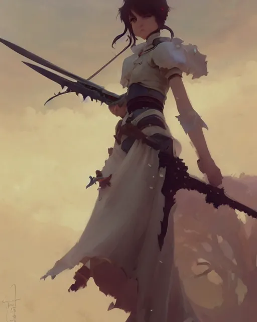 Image similar to cute girl, whitesmith, huge fantasy weapon, mechanical parts, digital painting by krenz cushart, ilya kuvshinov, akihiko yoshida, greg rutkowski, karl spitzweg. sharp focus, highly detailed, intricate background