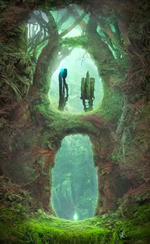 Prompt: the portal in the forest other world inside portal in the style of Roger Dean and beeple, 35mm, photo realistic, epic, cinematic