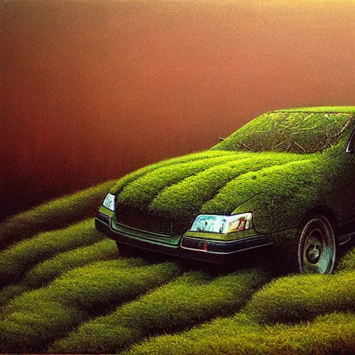 Image similar to hyper realistic painting of an abandoned JZX100 twin turbo covered with moss, an Australian summer landscape, by Zdzislaw Beksinski