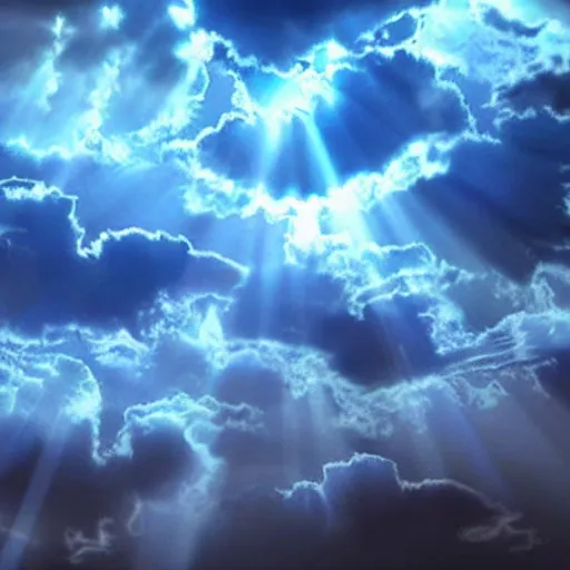 Image similar to clouds with blue rays of light coming from them, photorealistic, heavenly