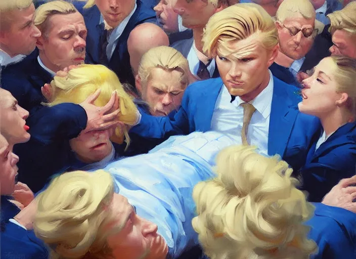 Prompt: greg manchess portrait of a blond man in a blue suit wounded surrounded by a crowd, organic painting, sunny day, matte painting, bold shapes, hard edges, street art, trending on artstation, by huang guangjian, gil elvgren, ruan jia, randy vargas, greg rutkowski