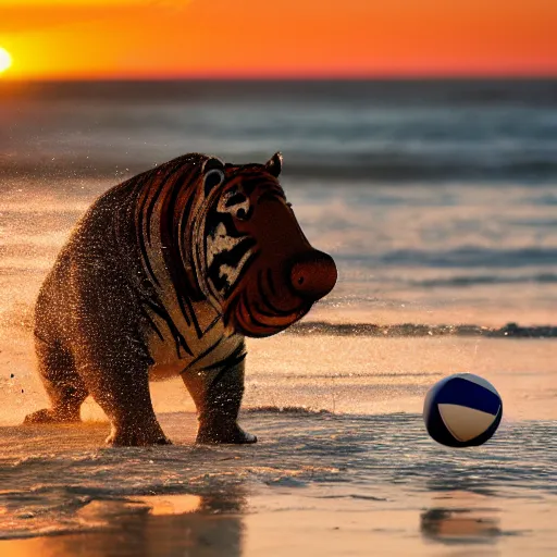 Image similar to a closeup photorealistic photograph of a cute stylish tiger hippo playing volleyball at the beach during sunset. Surf in the background. This 4K HD image is Trending on Artstation, featured on Behance, well-rendered, extra crisp, features intricate detail and the style of Unreal Engine.