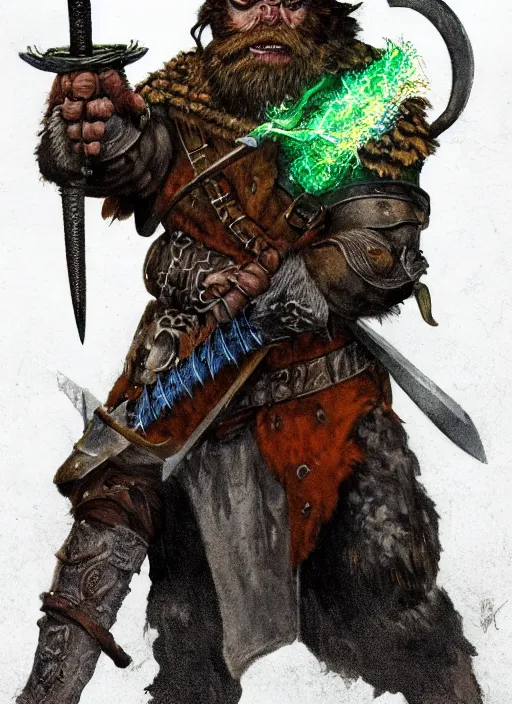 Image similar to strong young man, photorealistic bugbear ranger holding a flaming sword, black beard, dungeons and dragons, pathfinder, roleplaying game art, hunters gear, jeweled ornate leather and steel armour, concept art, character design on white background, by alan lee, norman rockwell, makoto shinkai, kim jung giu, poster art, colours red and green