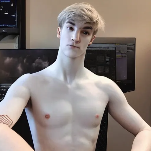 Image similar to “a realistic detailed photo of a guy who is an attractive humanoid who is half robot and half humanoid, who is a male android, twitch streamer Ninja Tyler Blevins, shiny skin, posing like a statue, blank stare, gaming room, close up”