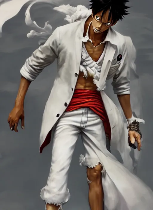 Prompt: a professional render of luffy wearing a white suit, concept art, sharp detail, smooth render, art style by Ruan Jia and Mandy Jurgens and Ian Spriggs and William-Adolphe Bouguerea