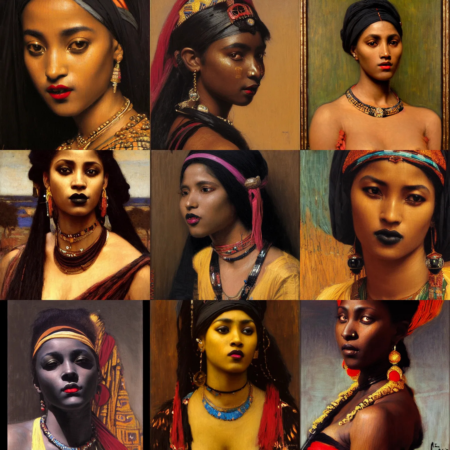 Prompt: orientalist painting of an African woman with black lipstick intricate portrait by john william waterhouse and Edwin Longsden Long and Theodore Ralli and Nasreddine Dinet, oil on canvas. Cinematic, hyper realism, dramatic lighting, high detail 8k