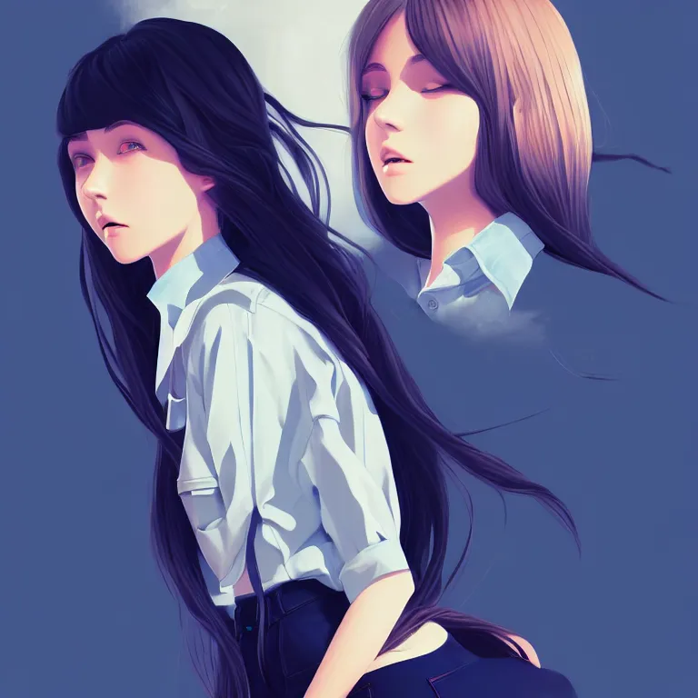 Image similar to urban high school girl in shirt fanart, dark blue long hair, muted colors, matte print, pastel colors, ornate, digital art, digital painting, fan art, elegant, artstation, by Ilya Kuvshinov