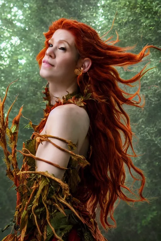 Image similar to Marisha Ray as Keyleth from Vox Machina, Half-elf Druid, realistic cinematic shot, swirling nature magic, subtle fog and mood lighting