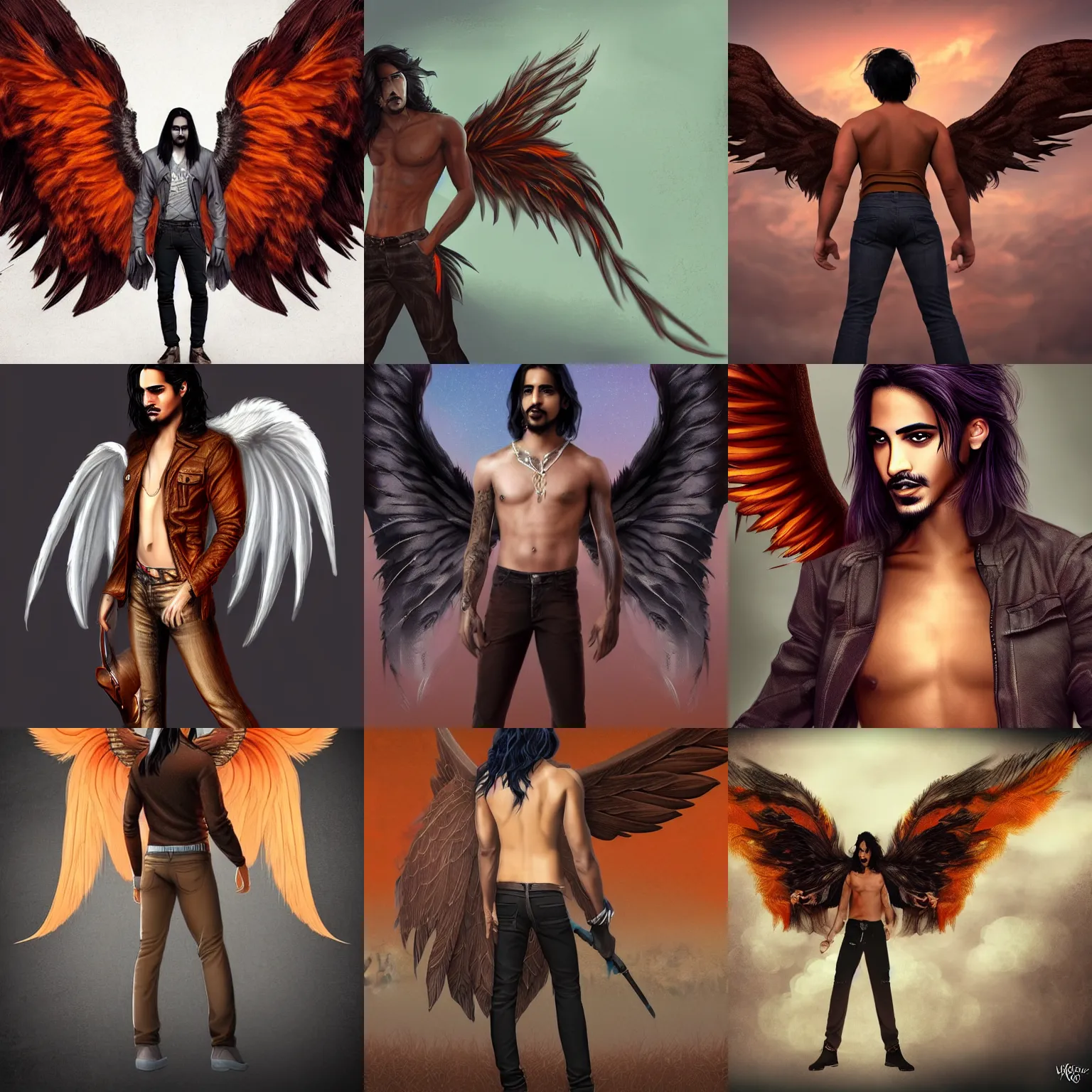 Prompt: male angel avan jogia with large wings. Orange feathers, jeans, brown skin, long black hair. Distant full body shot. detailed urban fantasy digital art, trending on artstation