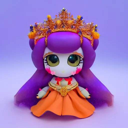 Image similar to cute fumo plush of a elaborately dressed princess in orange and purple regalia, crown, outline glow lens flare, vray