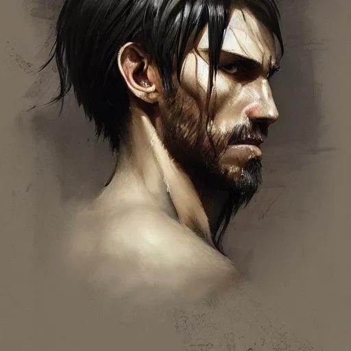 Prompt: portrait of a man by Greg Rutkowski, Eren Yeager from Attack on Titan leaning over a sink and staring into a mirror, man bun, highly detailed portrait, digital painting, artstation, concept art, smooth, sharp focus illustration, Artstation HQ