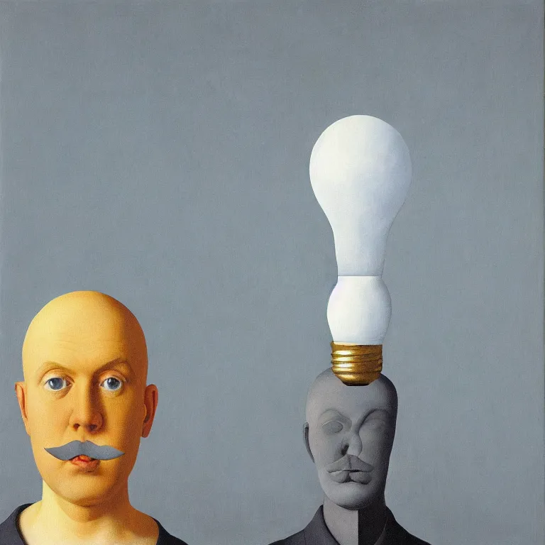 Image similar to portrait of a lightbulb head man, by rene magritte, detailed painting, hd, hq, high resolution, high detail, 4 k, 8 k