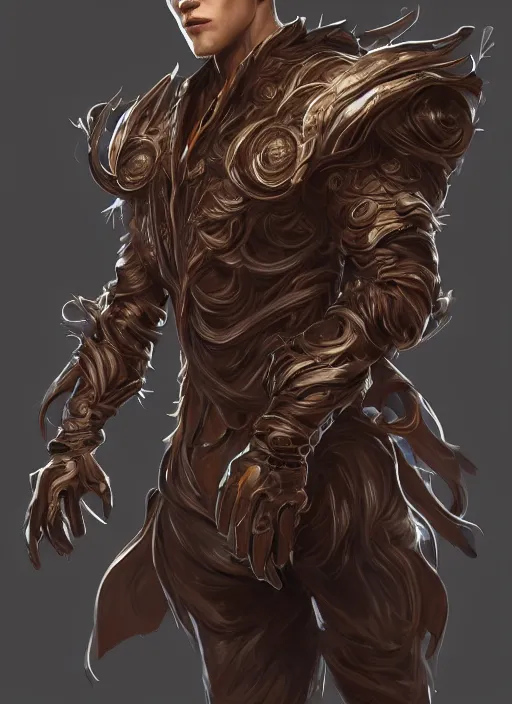 Image similar to a highly detailed illustration of thick wavy brown haired young white guy wearing brown coat and face mask, black mechanical arms on his back, dramatic standing pose, intricate, elegant, highly detailed, centered, digital painting, artstation, concept art, smooth, sharp focus, league of legends concept art, WLOP