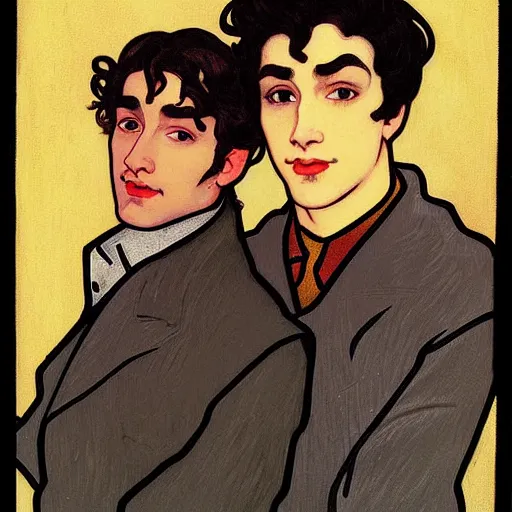 Image similar to painting of young cute handsome beautiful dark medium wavy hair man in his 2 0 s named shadow taehyung and cute handsome beautiful min - jun together at the halloween! party, bubbling cauldron!, candles!, smoke, autumn! colors, elegant, wearing suits!, delicate facial features, art by alphonse mucha, vincent van gogh, egon schiele