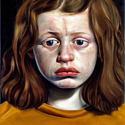 Prompt: high quality high detail painting by lucian freud, hd, angry girl looking back