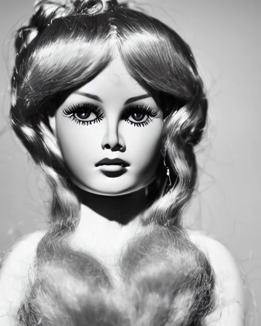 Image similar to high quality presentation photo of brigitte bardot as a porcelain doll, photography 4k, f1.8 anamorphic, bokeh, 4k, Canon, Nikon