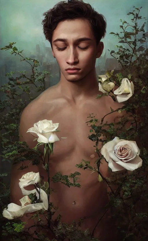 Image similar to a painting of a young man, walking unknowingly toward the brink of a precipice, holding a white rose in one hand, and in the other a small bundle of possessions, a surrealist painting by marco mazzoni, cgsociety, neo - figurative, detailed painting, rococo, oil on canvas, seapunk, lovecraftian