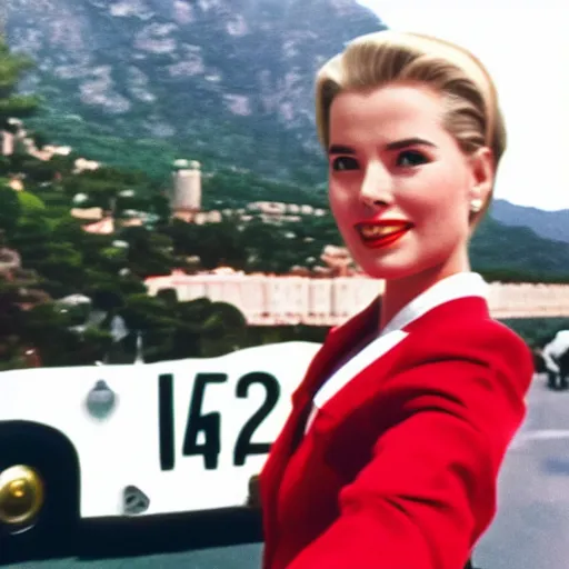 Image similar to selfie smartphone photo of a young Grace Kelly at the 2022 Monaco Gran Prix, F1 cars blurred in background, iphone photo, smartphone resolution, low resolution camera