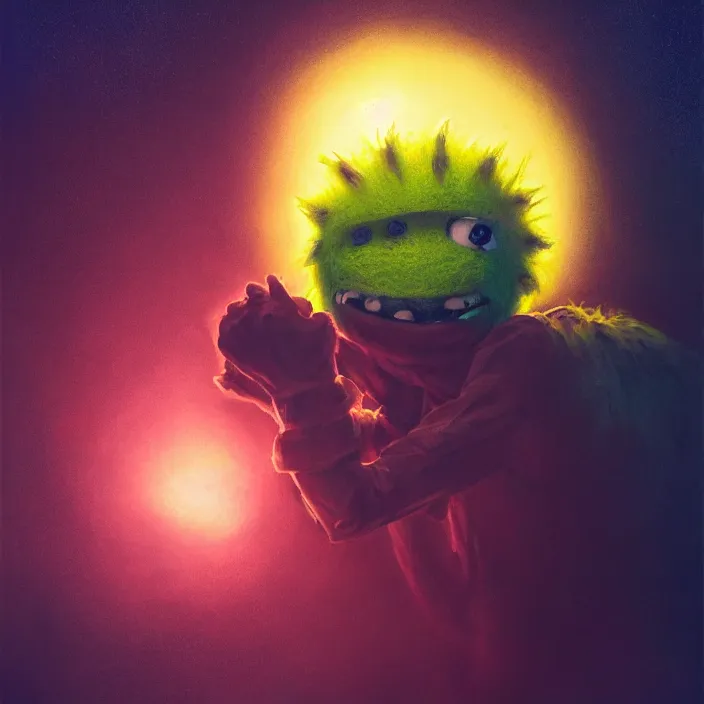 Prompt: cinematic portrait of a cute tennis ball monster in the abyss of space, chalk, masterpiece, trending on artstation, featured on pixiv, cinematic composition, dramatic pose, beautiful lighting, sharp details, hyper - detailed, hd, hdr, 4 k, 8 k, art by basil gogos