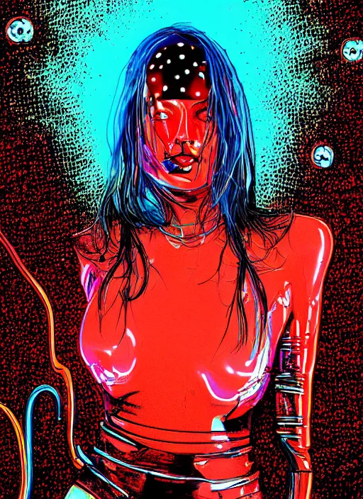 Image similar to extreme long shot, kodachrome, melting face, cyberpunk 2 0 y. o model girl, black reflect robe, wrapped in wires and piones, clear blue sky vintage style, looking straight ahead, in the style of yayoi kusama, technicolour, lineart, artstation