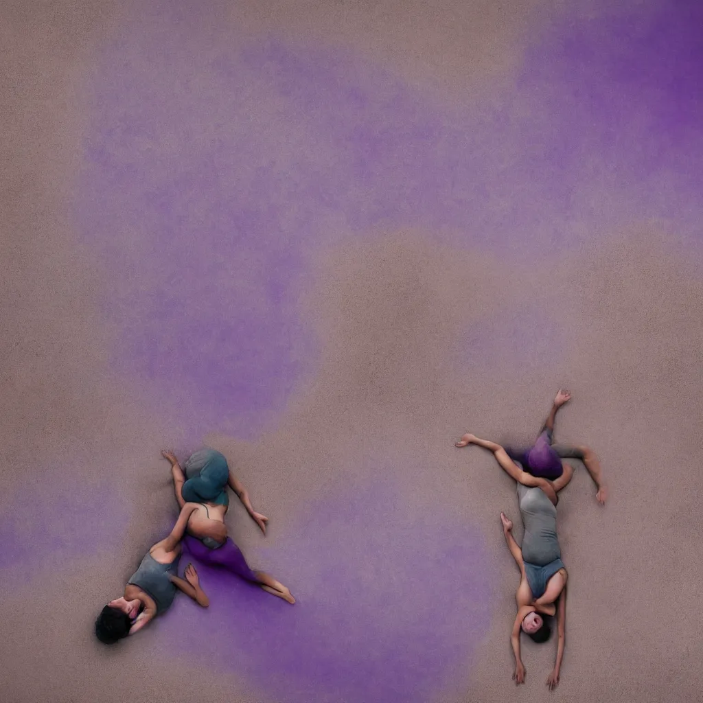 Image similar to overhead view of iridiscent oil spill in desert sand tempest with women corpses connected by cables and computers to wax forms to a buried baby relaxing on yoga mat, faded, purple gradient, dust, purple fog, depth of field, by edward burtynsky, hans bellmer and nadav kander, 8 k, sad atmosphere, cinematic