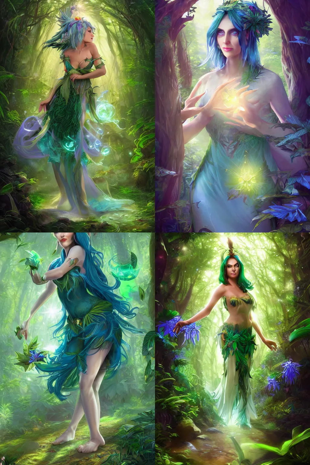 Prompt: an exotic looking female fey in the forest wearing leaf dress, blue hair emerald eyes and sunshafts, ultrarealistic, beautiful, magical, soft lighting 8k, hearthstone style, thomas kinkade, giotto