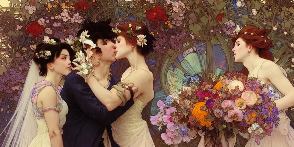 Image similar to the groom kisses the bride at a wedding full of flowers, bright and happy, dreamlike art, highly detail, 4 k realistic, krenz cushart. artem demura. alphonse mucha. yoji shinkawa artgerm. jon lothian. danilo torres. adi meyers. thomas reimann. gaston bussiere.