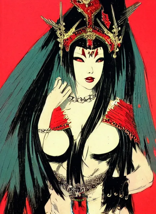 Image similar to mighty female korean vampiress, jeweled headdress, heavy mascara, strong line, saturated color, beautiful! coherent! by frank frazetta, high contrast, minimalism