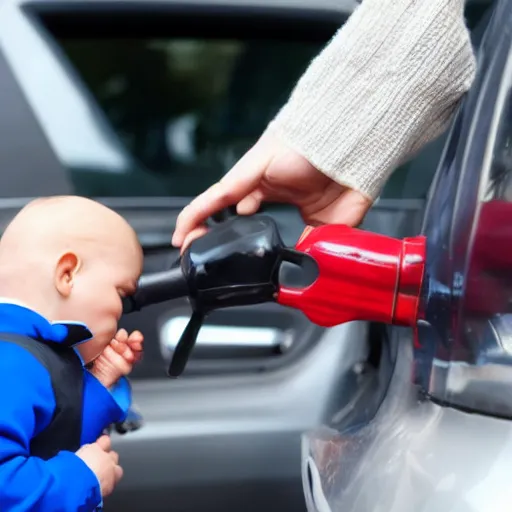 Prompt: baby pumping gasoline into a car