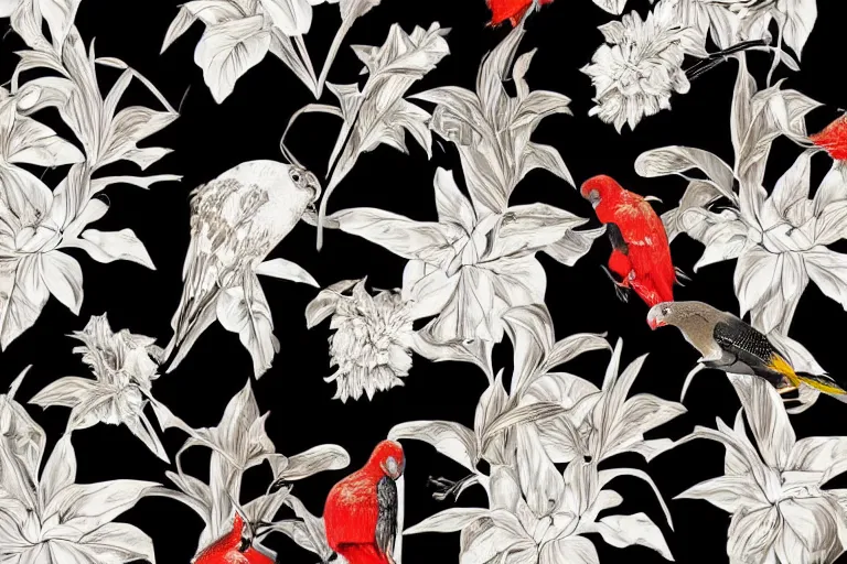 Image similar to photorealistic print of exotic, luxury, elegant tropical prints, isolated in a black background : : silver plants, golden flowers, red parrots, art nouveau, trending on creativemarket