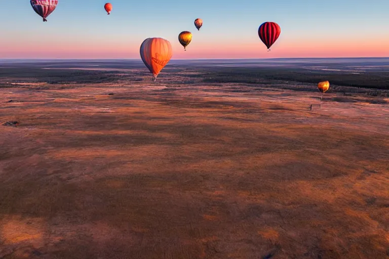 Image similar to aerial photography, lapland, hot air balloons, dusk