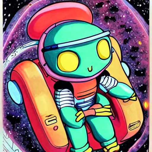 Image similar to a cute alien character sitting on their spaceship, copic marker, illustration, anime art, art by Akira Toriyama.
