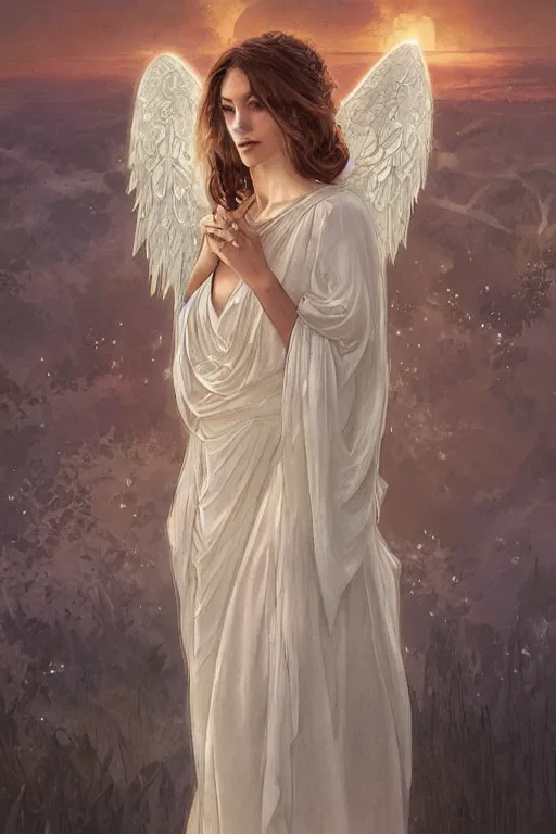 Image similar to Angels in white gauze dresses, the glow of the moonlight, fantasy, intricate, elegant, highly detailed, digital painting, artstation, concept art, matte, sharp focus, illustration, art by Artgerm and Greg Rutkowski and Alphonse Mucha