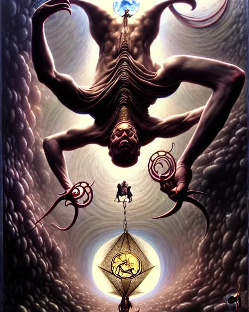 Image similar to man hanging upside down tarot card, fantasy character portrait made of fractals, ultra realistic, wide angle, intricate details, the fifth element artifacts, highly detailed by peter mohrbacher, hajime sorayama, wayne barlowe, boris vallejo, aaron horkey, gaston bussiere, craig mullins