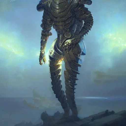 Image similar to a cyborg alien pangolin wearing medieval armor with white and gold scales, by ivan aivazovsky, peter mohrbacher, greg rutkowski volumetric light effect broad light oil painting painting fantasy art style sci - fi art style realism premium prints available artwork unreal engine