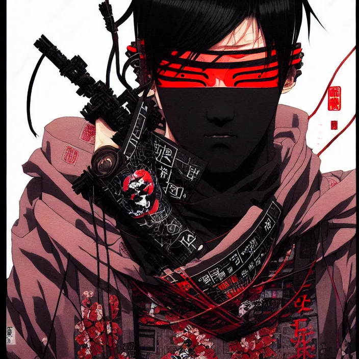 Image similar to a beautiful ukiyo painting of cyberpunk ninja, wearing cyberpunk streetwear, detailed close up portrait, concept art, by takato yamamoto, wlop, krenz cushart. cinematic dramatic atmosphere, sharp focus