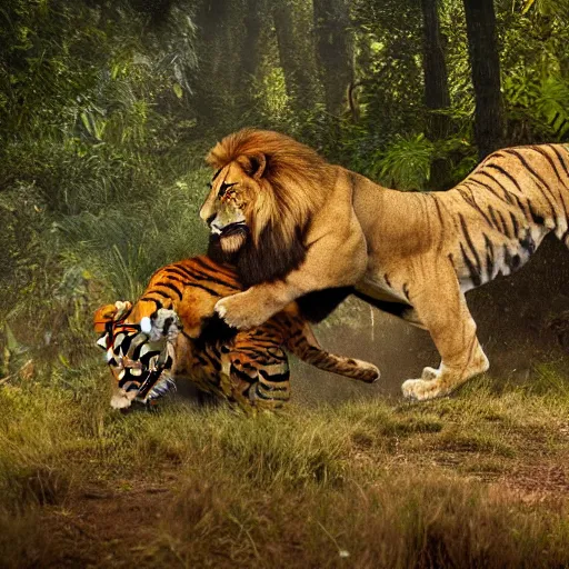 Prompt: a photo realistic photo of a lion, tiger and bear chasing a hunter through the jungle