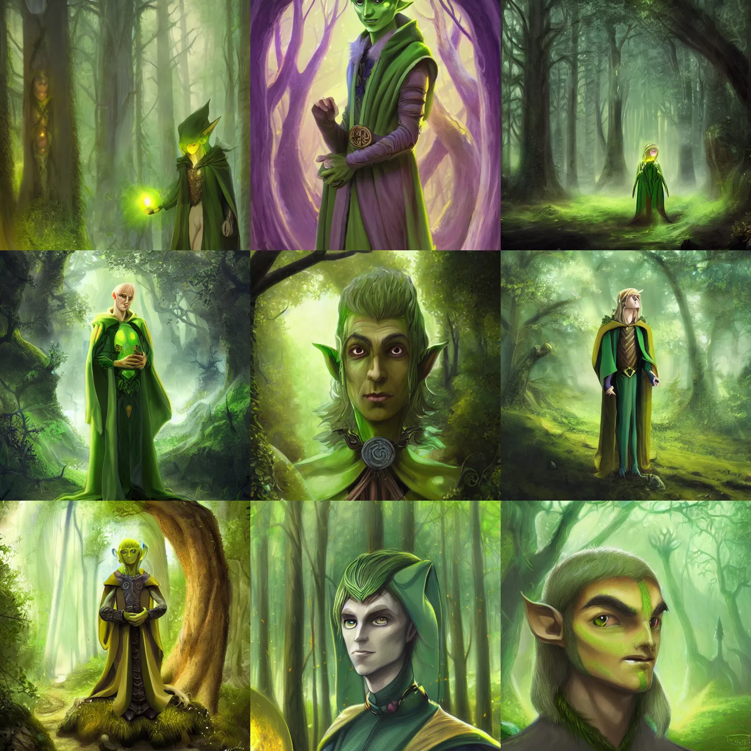 Prompt: A green skinned male elf with yellow eyes, young noble, scholar, clad in robes, curious, forwards facing, centered, fantasy concept art, beautiful, mystical eyes, magical lighting, mystical, shimmers, nature, oil painting, forest background