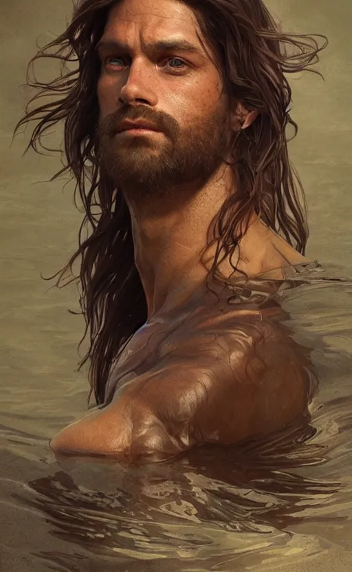 Prompt: portrait of the god of the lake, 30 years old, rugged, long hair, male, gorgeous, detailed face, amazing, thighs!!!!!!, muscular, intricate, highly detailed, digital painting, artstation, concept art, sharp focus, illustration, art by greg rutkowski and alphonse mucha
