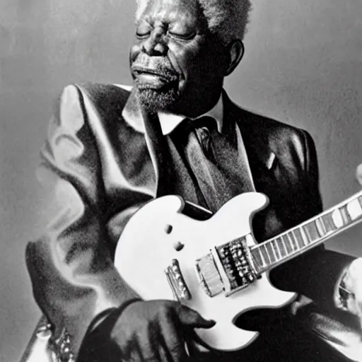 Prompt: b. b king, sitting in a fluffy cloud, playing an electric semi - hollow guitar. beautiful realistic sculpture, dramatic, moody